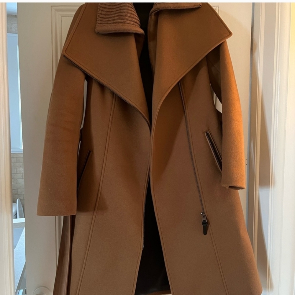 Mackage coat, camel, worn once, size M but fits small, removable wool zip collar